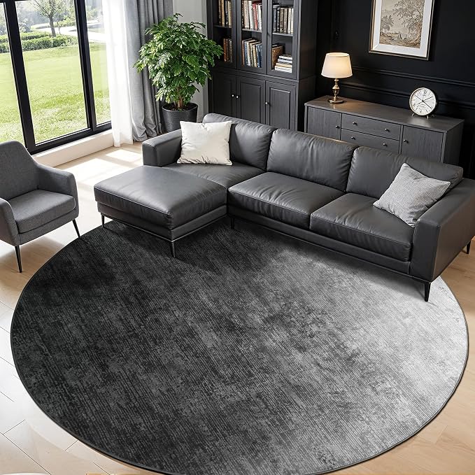 LIANLAM 8 FT Washable Rug, Gray Solid Round Rugs for Living Room & Bedroom | Stain-resistant & Non-slip backing,Low Pile Washable Large Carpet, Solid Vintage Style For High Traffic Areas(8 FT,Gray)