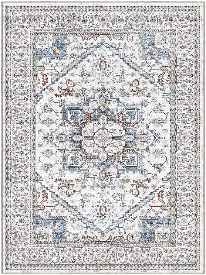 OPPODREAM Soft Neutral Area Rugs 9x12 Living Room, Washable Rugs 9x12 with Non Slip Backing, Faux Cashmere Low-Pile 9 x 12 Carpet, Cream White & Blue & Light Brown
