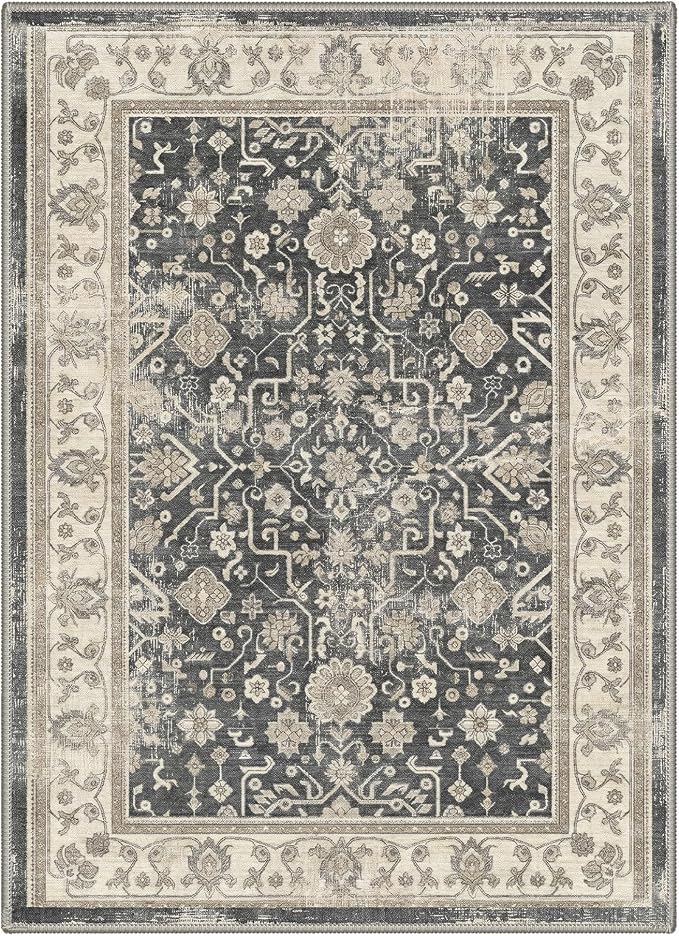 Bavni Area Rugs for Living Room, 5x7 Area Rugs Non-Slip Washable，Ultra-Thin Oriental Floral Rug for Bedroom Dinning Room Office, Dusty Charcoal