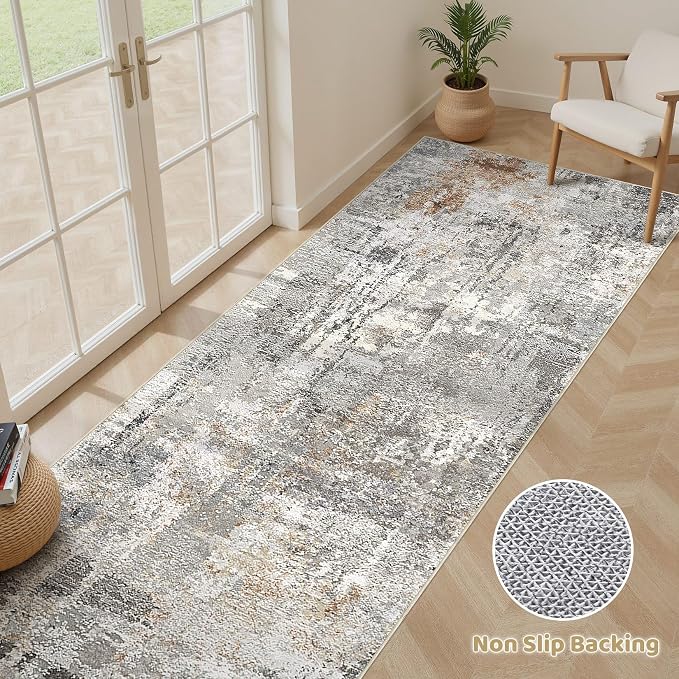 Runner Rug Kitchen Washable Rugs: 2x6 Non-Slip Abstract Soft Modern Stain Resistant Indoor Floor Neutral Accent Throw Carpet for Hallway Bathroom Laundry Room Entryway Bedroom- Gray Rust