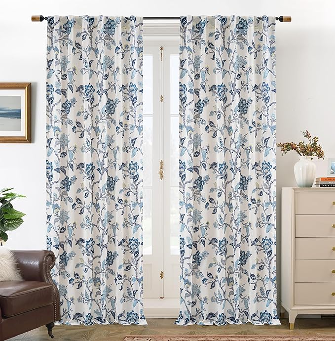 DriftAway Ada Floral Botanical Print Flower Leaf Lined Thermal Insulated Room Darkening Linen Blend 100% Blackout Back Tab Window Curtains 2 Layers Set of 2 Panels Each 52 Inch by 96 Inch Navy