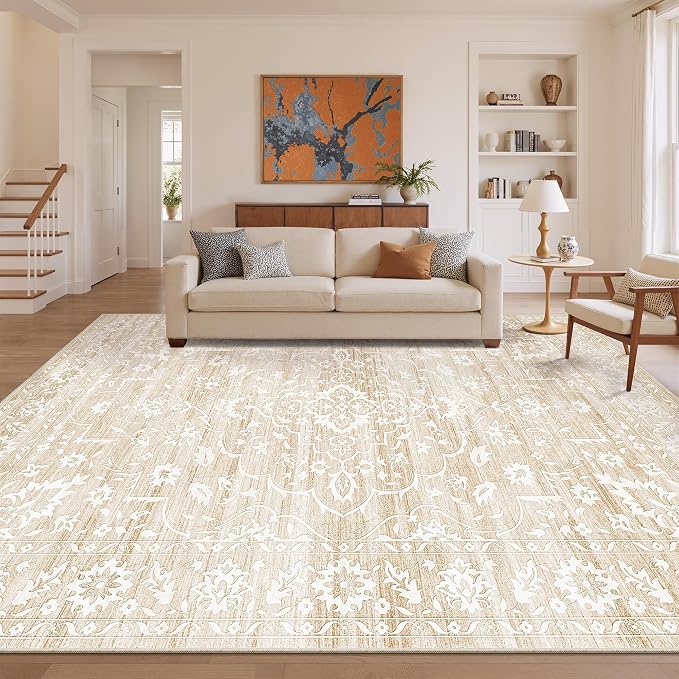 Soalmost 9x12 Area Rugs for Living Room, Washable Neutral Soft Rug Beige | Vintage Floral Non-Slip Low Pile Throw Large Carpet for Dining Room Bedroom Kitchen Home Office 9'x12'
