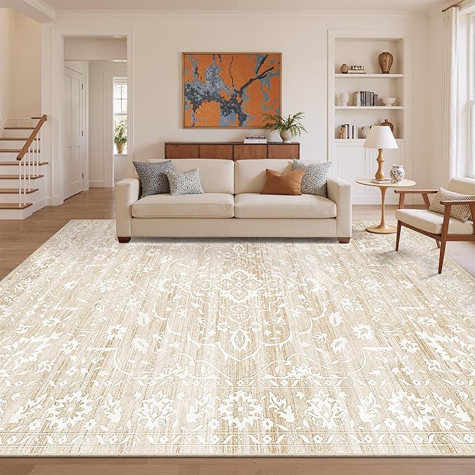 Soalmost Living Room 10x14 Area Rugs, Washable Soft Neutral Rugs Beige | Low Pile Non-Slip Stain Resistant Extra Large Thin Rug, Vintage Throw Carpet for Dining Room Bedroom Farmhouse Home Office
