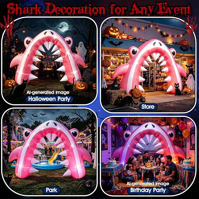 13FT Halloween Pink Shark Inflatable Arch for Yard Lawn Decor | Giant Shark Blow Up with Built-in 6 LED Lights and 1 Blower for Indoor/Outdoor Halloween Shark Birthday Party Decoration