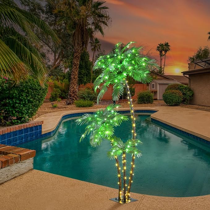 LIGHTSHARE Lighted 6FT Gorgeous Palm Tree 3Trunks Artificial Palm Tree 203LED Lights for Office Decoration Outdoor and Indoors Tiki Bar Christmas Patio Pool- Electric