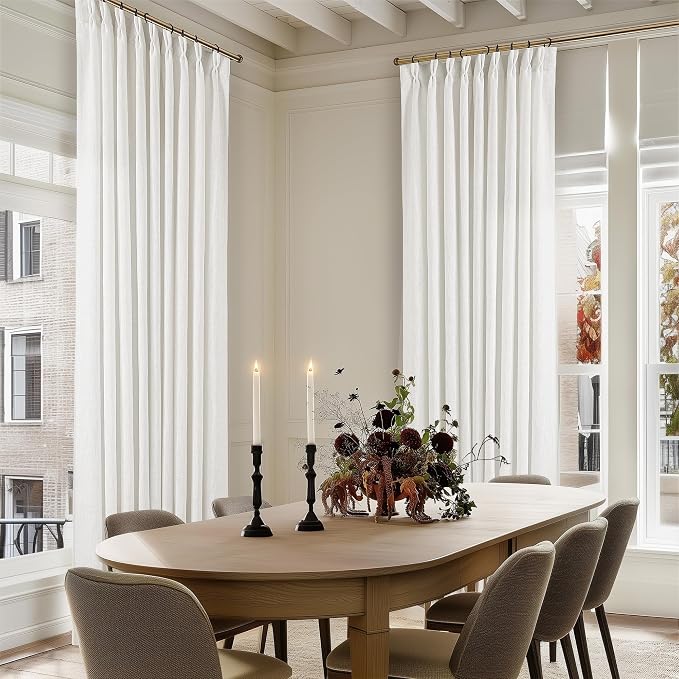 60 Inch Width Curtains 92 Inches Long Linen Pinch Pleated Curtains for Living Room Bedroom Semi Sheer Back Tab Hooks Rings Extra Wide Pinch Pleat Drapes for Patio Glass Door Beige White 1 Panel