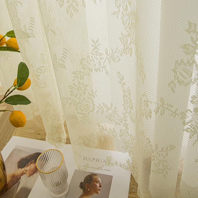 Sutuo Home Lace Curtains 63 Inches Length 2 Panels Set, Cream Yellow Sheer Country Retro Floral Vintage Beige Voile Window Panel Treatment for Bedroom/Living Room, Decor Rod Pocket W57 x L63