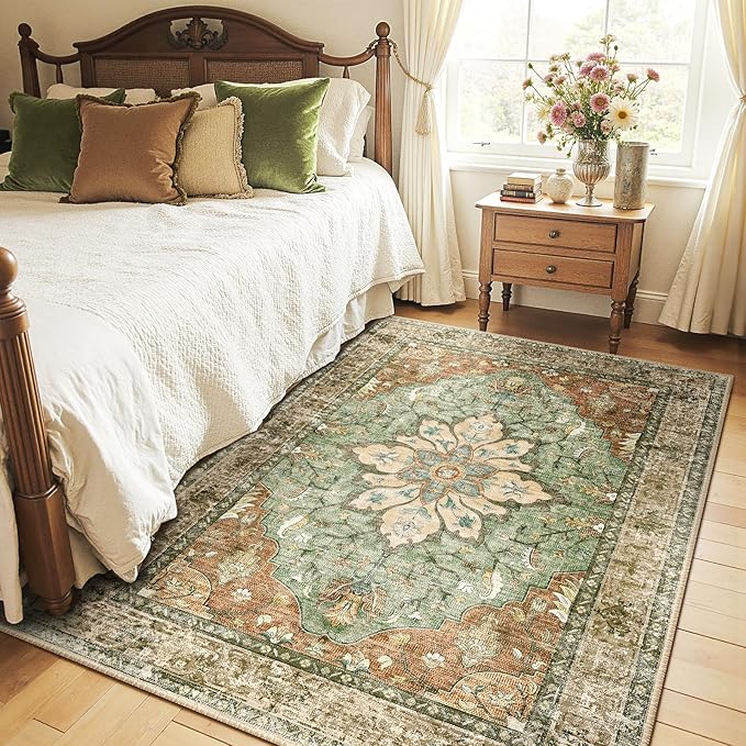 RELEANY Area Rugs 4'x6' Washable Non-Slip, Floral Vintage Distress Medallion Carpet for Living Room Bedroom Dining Room, Terracotta Burnt Orange Green