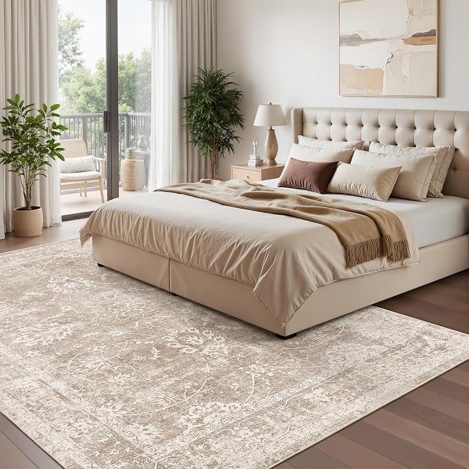 Madane Washable 7x9 Area Rugs for Living Room, Vintage Natural Rug with Non-Slip Backing, Soft Stain Resistant Throw Rugs Thin Carpet for Bedroom Dining Room Farmhouse (7 x 9, Brown/Sand)