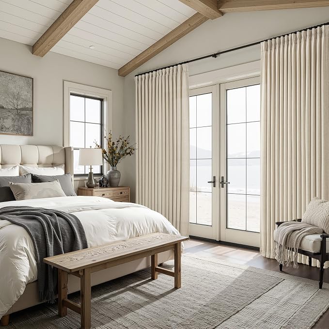 Unique Light Brown Pinch Pleat Thick Linen 86 Inch Office Curtains 2 Panels Set, Warm Beige Light Filtering Semi Sheer Ceiling Track Bohemian Windows Curtain with Back Tab 40"W x 86"L Nursery Drapes