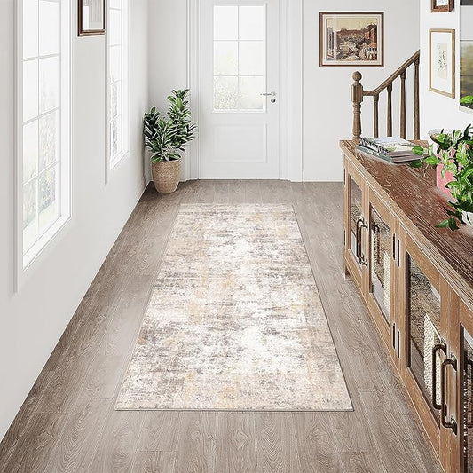 2x4 Washable Runner Rug Beige Grey Abstract Non Slip Soft Low Pile Hallway Kitchen Rug Neutral Modern Carpet for Laundry Bathroom Bedroom Living Room Home Decor