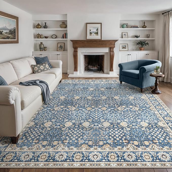 Bavni Washable Rugs 3x5 Machine Washable Rug Lightweight Low Pile, Vintage Floral Rug Non-Shedding Distressed Throw Carpet for Living Room Bedroom Office, Lake Blue