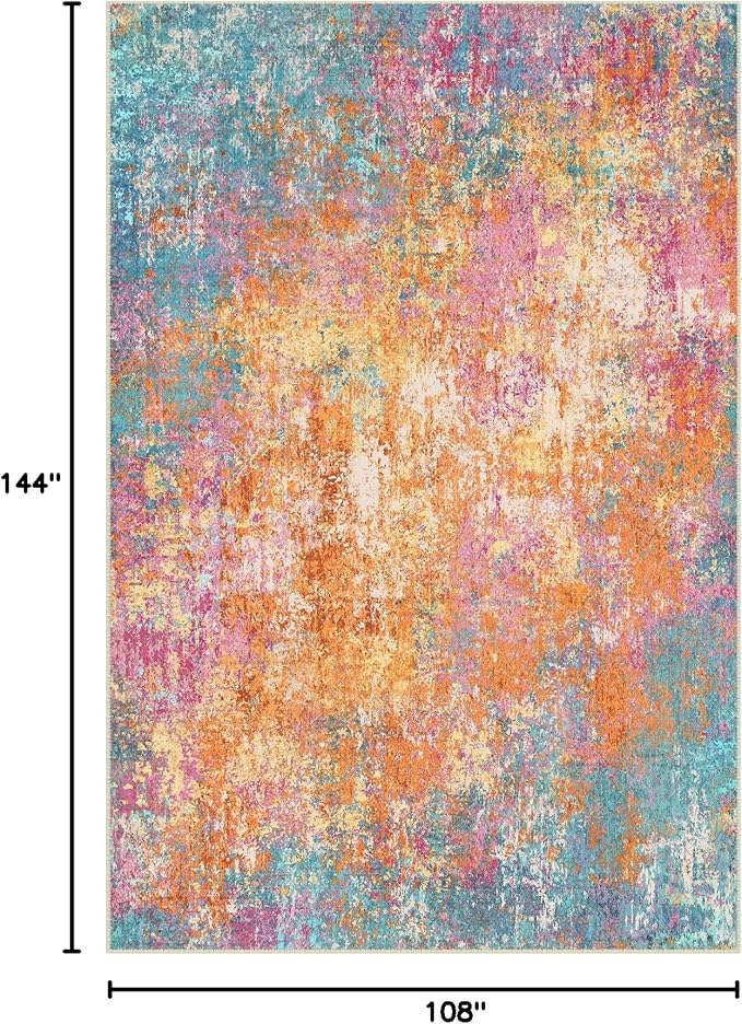 RELEANY Washable Area Rugs 9'x12' Non-Slip Modern Abstract Soft for Living Room Entryway Bedroom Kitchen, Print Pattern, Orange Blue Pink Yellow Colorful