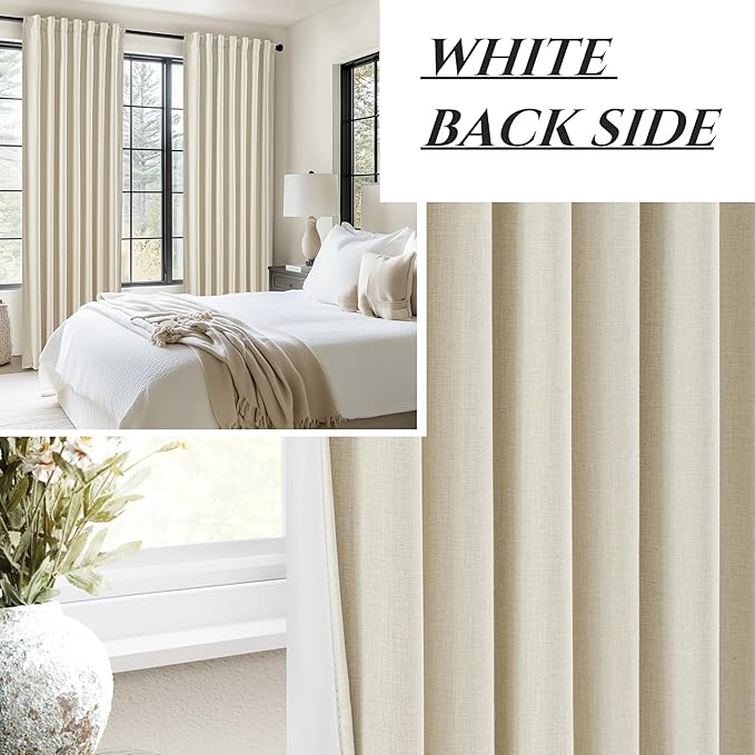 Floor to Ceiling Full Blackout Cream Linen 108 Inch Curtains 2 Panels Set for Sliding Glass Door, Luxury Pleated Thermal Window Drapes with Back Tab for Bedroom Thick Curtain 9 FT Room Darkening Burg