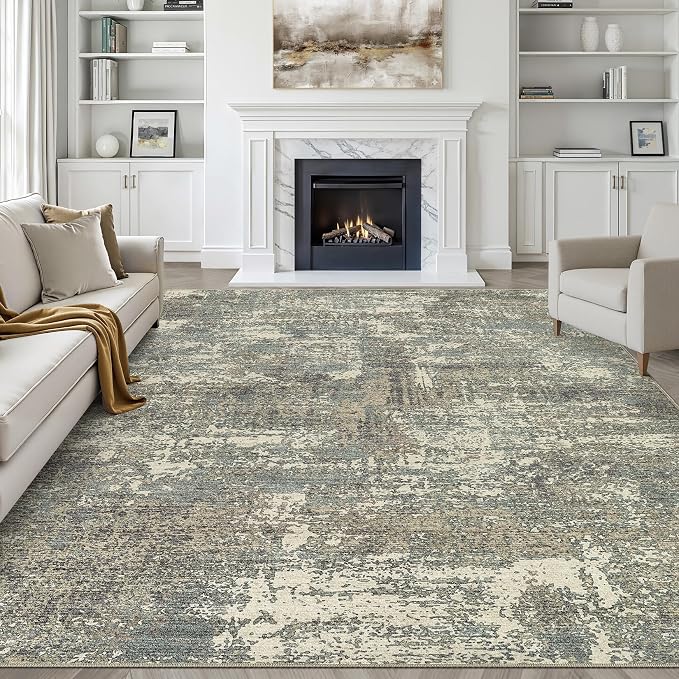 8x10 Area Rugs Living Room: Washable Large Neutral Rug Abstract Soft Modern Stain Resistant Indoor Floor Non-Slip Carpet for Bedroom Nursery Kids Office Playroom Dining Room- Green Brown