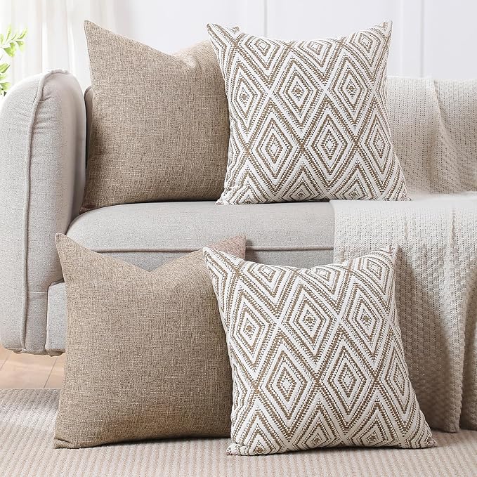 HPUK Throw Pillow Covers 18x18 Inch Set of 4, Linen Decorative Pillow Covers, Accent Cushion Covers for Couch Sofa Bed Bedroom Living Room Décor, Light Brown