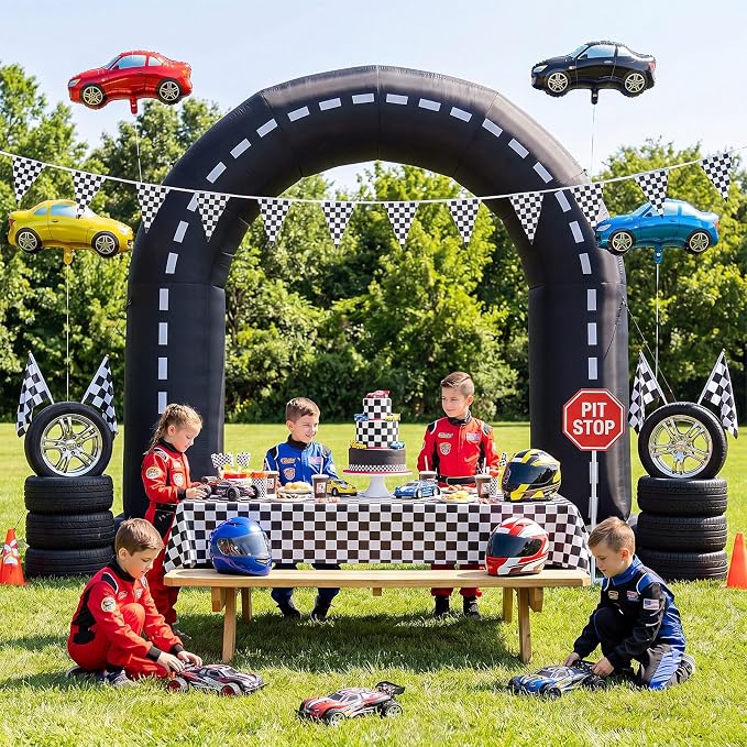 Seenelling 9 Ft Race Car Party Inflatable Archway, Blow Up Racetrack Arch with Built-in LED Lights Racing Themed Decoration for Birthday Party Lawn Yard Decor