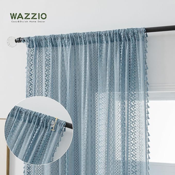 WAZZIO Boho Lace Curtains 84 Inches 2 Panel,Light Filtering Privacy Tassel & Geometry Crochet Semi Sheer Curtain Drapes for Bedroom Living Dining Room,Rod Pocket & Tassel,Light Slate Blue