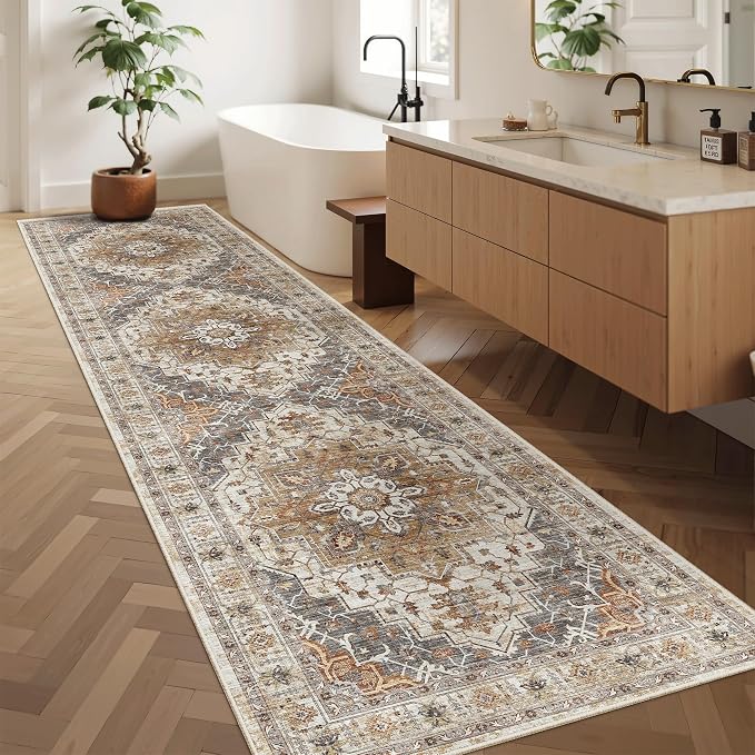 Madane Hallway Runner Rug 2'6''x10' Kitchen Runner, Non Slip Vintage Runners for Hallways Washable Kitchen Rugs Soft Low Pile 2.5x10 ft Rug Runner for Laundry Room, Entryway and Bedroom, Turmeric/Grey