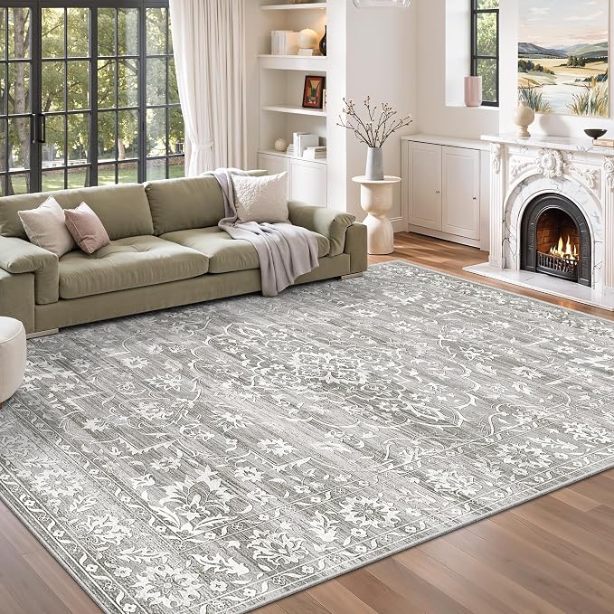 Soalmost 5x7 Area Rugs for Living Room, Washable Bedroom Soft Rug Grey | Vintage Floral Non-Slip Low Pile Throw Large Neutral Carpet for Dining Room Kitchen Home Office Nursery 5'x7'