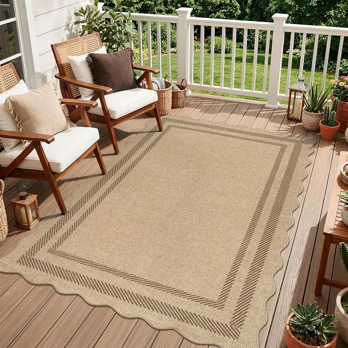 LIVEBOX Scalloped Easy Jute 4x6 Outdoor Rug, Washable Non Slip Geometric Area Rugs for Living Room Bedroom, Indoor Outdoor Farmhouse Rug Modern Carpet Door Mat Tan Rugs for Patio Dining Room Entryway