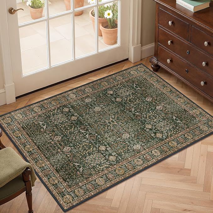 Bavni 2x3 Doormat, Machine Washable Runner Rug Non Slip, Vintage Floral Print Style Rugs for Entrance-Lightweight Low Pile Carpet for Hallways Kitchen and Corridor, Dark Green/Multi