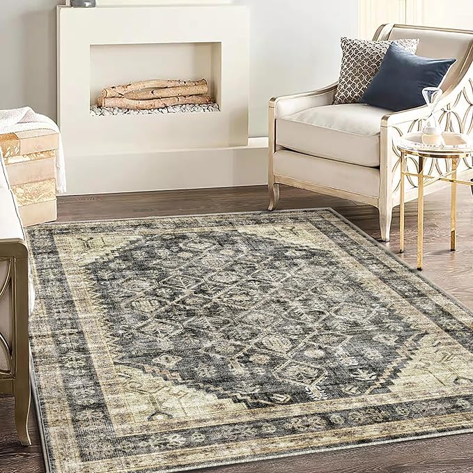 CHAMPLANT Washable Area Rug 4'x6' Vintage Traditional Floor Cover Foldable Thin Rugs Retro Kitchen Indoor Distressed Non Slip Carpet Floral Print Mat Bedroom Living Room