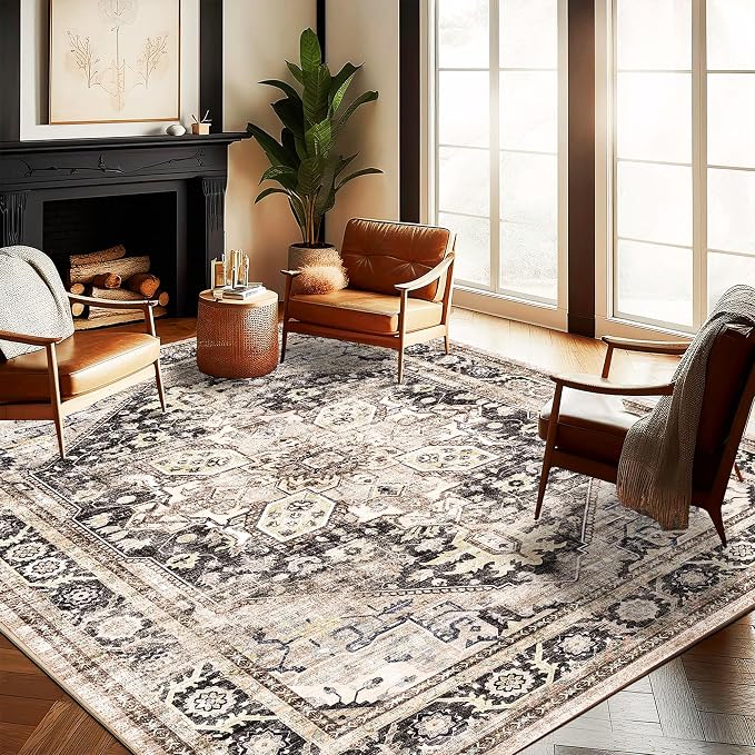 CHAMPLANT Washable Area Rug 10'x14' Black-Purple Khaki Retro Flowers Boho Design Non-Shedding Easy Care Ideal for High Traffic Areas in Living Room Bedroom Office Coffee Table Kitchen Large Carpet