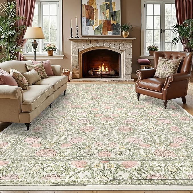 GarveeHome Pink and Green Beige Washable 9x12 Area Rugs for Living Room Vintage Floral Boho Botanical Retro Rug Low Pile Stain Resistance Non Slip Carpet for Bedroom Nursery Dining Room