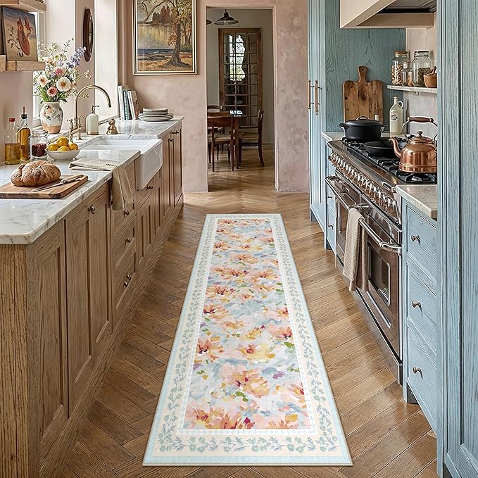2x8 Washable Runner Rug Blue Floral Abstract Hallway Kitchen Throw Rug Modern Non Slip Soft Low Pile Carpet for Bathroom Laundry Bedroom Living Room