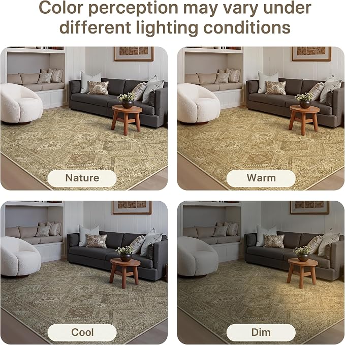 GENIMO 5x7 Area Rugs for Living Room, Machine Washable Non Slip Vintage Rugs, Low Pile Lightweight Print Rug for Bedroom, Dining Room, Home Office, Tan Brown