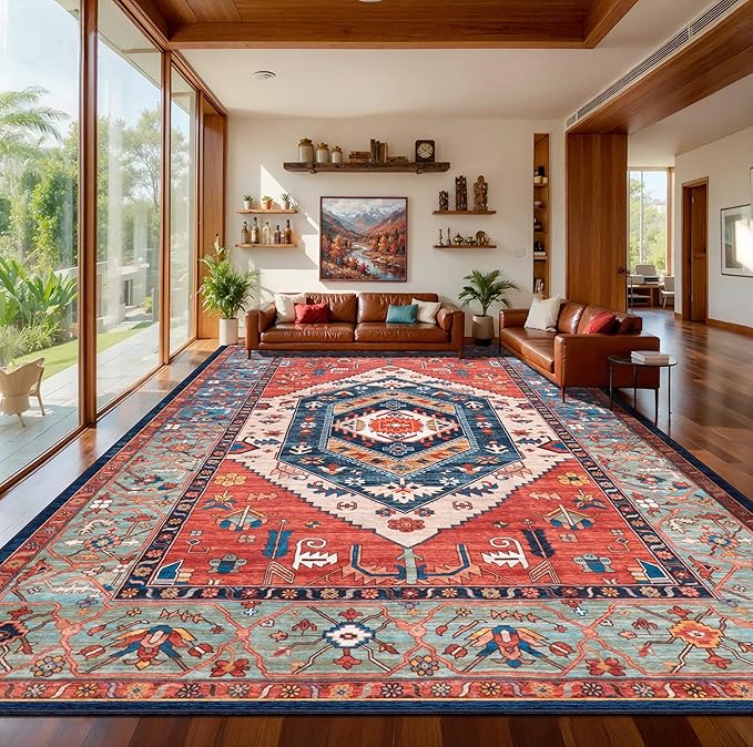 SERISSA 8x12 Area Rugs for Living Room, Large Washable Non-Slip Boho Rug, Ultra Soft Vintage Rust Oriental Tribal Print Distressed Carpet for Dining Room Bedroom Office Home Decor