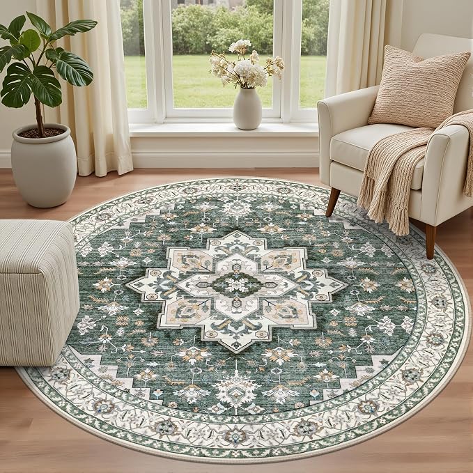 Round Area Rug for Living Room: 8 ft Washable Vintage Boho Soft Thin Circle Rug Indoor Floor No Slip Stain Resistant Carpet for Bedroom Dining Room Farmhouse Nursery Home Office - Green Ivory