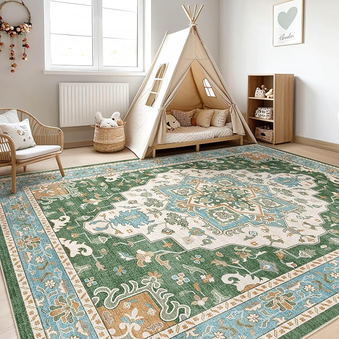 7x9 Area Rug Living Room: Washable Boho Large Neutral Vintage Soft Rug Stain Resistant Farmhouse Non-Slip Indoor Floor Retro Carpet for Bedroom Nursery Kids Office Dining Room- Green Multi