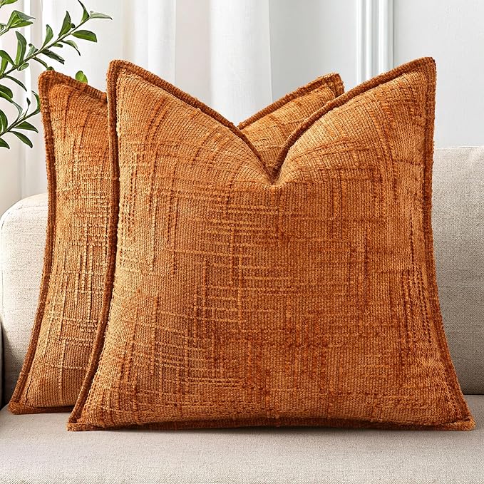 decorUhome Chenille Fall Throw Pillow Covers 18x18 Set of 2, Soft Textured Slubby Modern Decorative Pillow Covers with Elegant Design for Couch, Sofa, Living Room, Burnt Orange