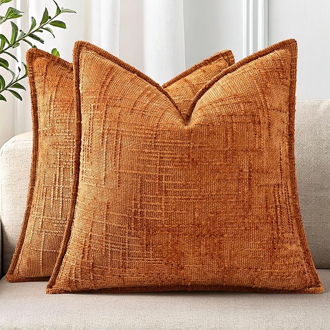 decorUhome Chenille Fall Throw Pillow Covers 22X22 Set of 2, Soft Textured Slubby Modern Decorative Pillow Covers with Elegant Design for Couch, Sofa, Living Room, Burnt Orange