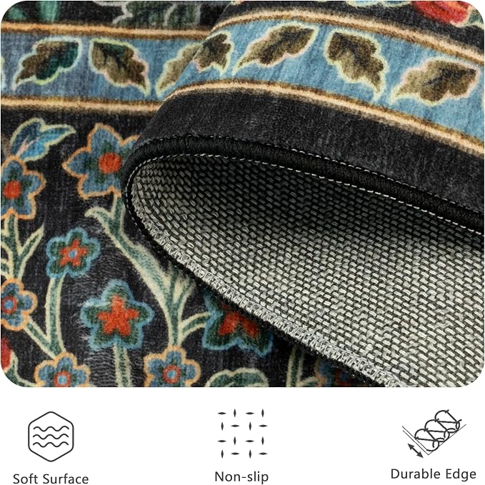 8x10 Area Rugs, Machine Washable Low Pile Floral Rugs for Living Room, Bedroom, Large Boho Area Rug with Non-Slip Backing for Dining Room(Black Floral)