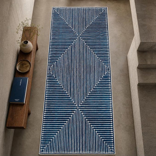 GLN Rugs Contemporary Collection - Machine Washable Area Rug, Contemporary Washable, Non Slip, Low Pile Chenille Rug, Living Room, Bedroom, Kitchen Rug (2'6" x 7' Lines Blue)