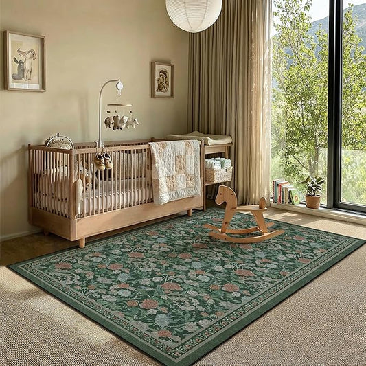 HUGEAR Retro Area Rugs 3x5 Washable Living Room Bedroom Rugs Vintage Floral Throw Carpet Green Stain Resistant Non Slip Low Pile for Home Aesthetic Modern Decor