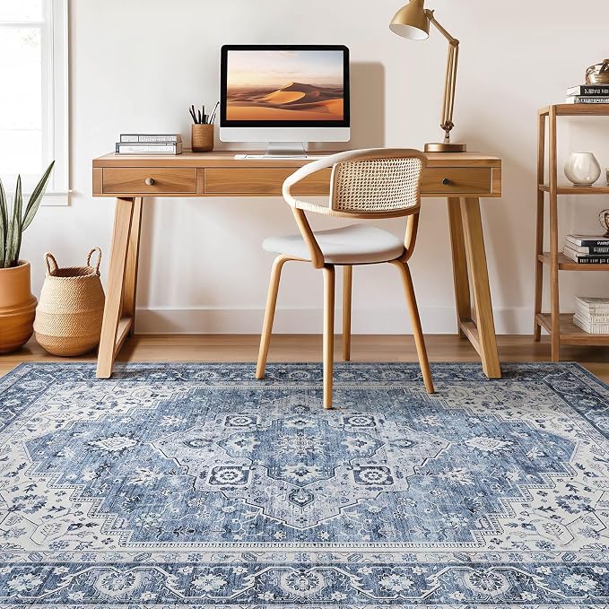 10x12 Area Rug Living Room: Washable Boho Large Neutral Vintage Soft Rug Stain Resistant Farmhouse Non-Slip Indoor Floor Retro Carpet for Bedroom Nursery Kids Office Dining Room- Blue Gray