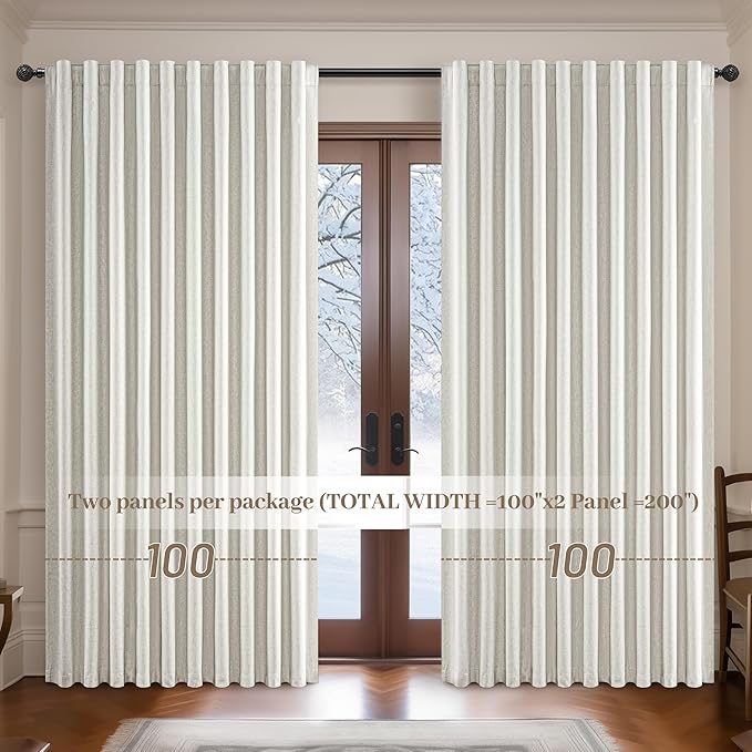 QJmydeco Curtains 100 Inch Length Wide Pleated Blackout Curtain for Sliding Glass Door/Living Room, Farmhouse Birch Linen Thick Boho Bedroom Heavy Insulated Large Window Drapes (100" Wx90 Lx2Panels)
