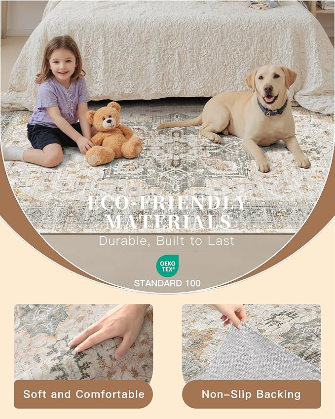 Madane Washable Area Rug 2x3 Small Entryway Rugs Non-Slip Light Taupe Brown | Vintage Stain-Resistant Door Mat Indoor Entrance, Low Pile Floor Carpet for Inside Front Bedroom Kitchen Entry Laundry, Stair