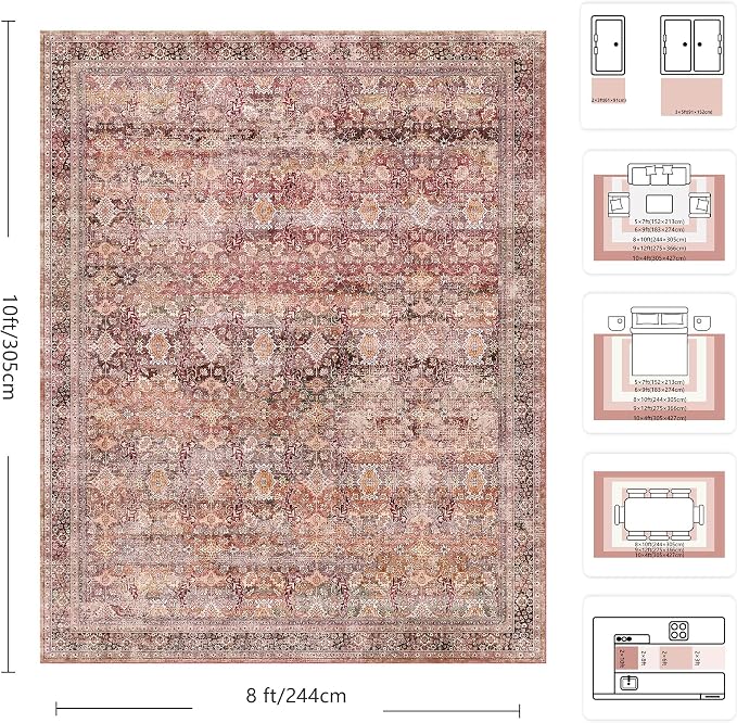 8x10 Area Rugs for Living Room - Washable Vintage Retro Large Rug, Soft Ultra Thin Non Slip Low Pile Traditional Distressed Boho Carpet for Bedroom Dining Room Home Office, Vintage Iron Red