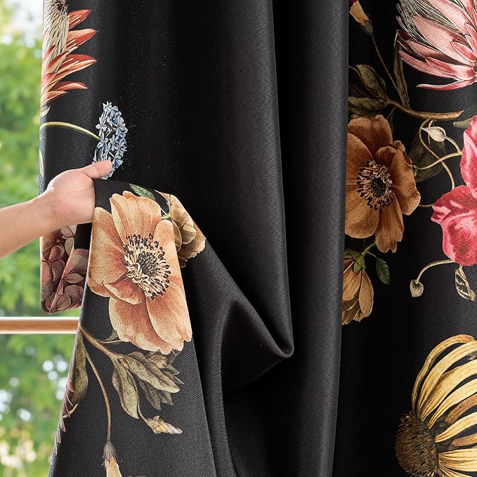 jinchan Hannah Floral Blackout Curtains with Retro Vintage Black Boho Flower Print Drapes for Bedroom Living Room Fall Decor Window Curtains Room Darkening 84 Inches Length 2 Panels Set with Grommet