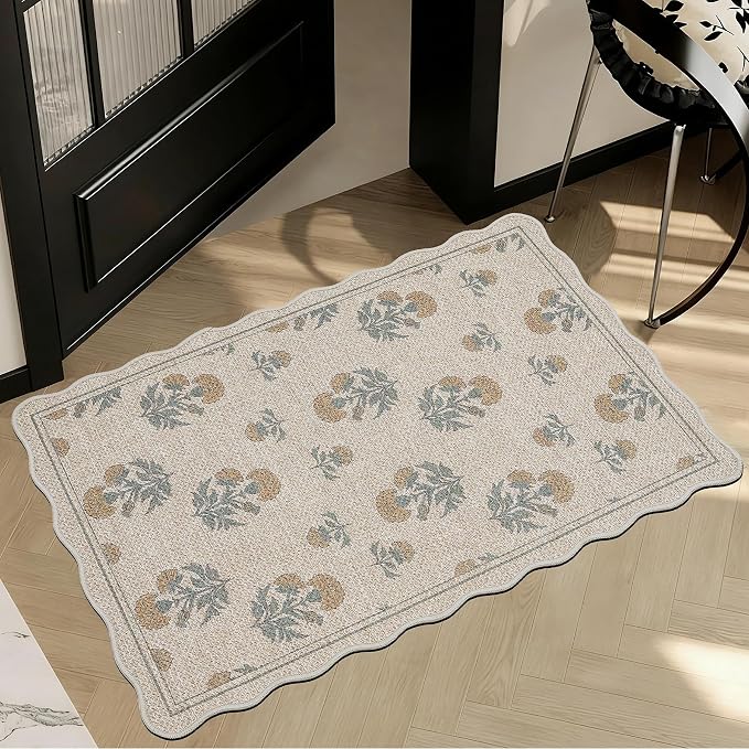 ORTIGIA Scalloped Easy Jute 2x3 Area Rug Vintage Yellow Floral Farmhouse Washable Rug Non-Slip Indoor Outdoor Carpet for Living Room Bedroom Kitchen Patio Entryway