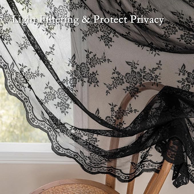 MEETSKY Black Lace Curtains 90 Inches Long 2 Panels Set, Black Sheer Gothic Curtains Vintage Floral Light Filtering Curtain for Living Room Bedroom, Each Panel 50" W x 90" L #2 Black