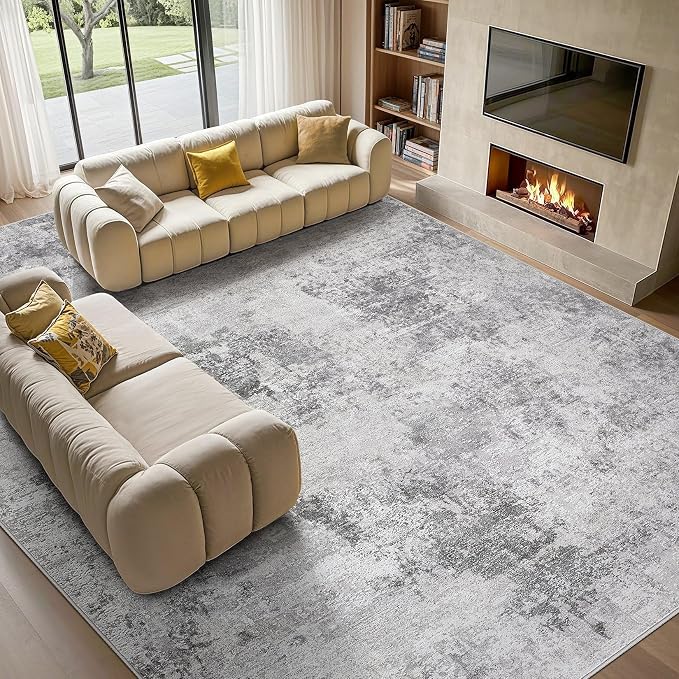 Tortania Washable 10x12 Area Rug for Living Room: Modern Abstract Neutral Large Soft Thin Rugs - Non Slip Indoor Carpet for Bedroom Dining Room Office Nursery Home Floor Decoration - Smoky Gray