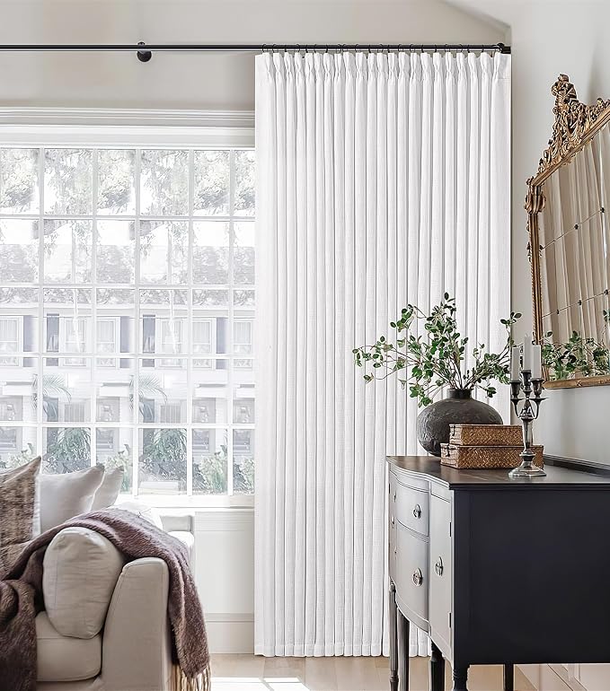 TWODRAPES Extra Wide 102 Inch Long Curtains 70 Inch Width Pinch Pleat Linen Curtains for Living Room BedroomLight Filtering Privacy Pleated Hooks Rings Back Tab for Sliding Door White 1 Panel
