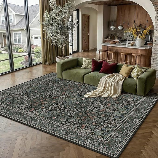 HUGEAR Vintage Floral Machine Washable 5x7 Area Rugs Black Green Living Room Bedroom Rug Retro Neutral Stain Resistant Non Slip Low Pile Throw Carpet for Office Dining Aesthetic Modern Decor