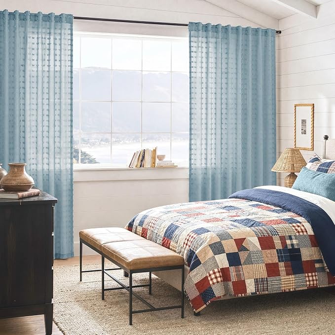Dusty Blue Sheer Curtains for Bedroom 84 Inch Length Pom Pom Design Country Chic Vintage Farmhouse Boho Semi Sheer Curtain for Living Room Girls Boys Kids Room Stone Blue 52 by 84 Inches Long Back Tab